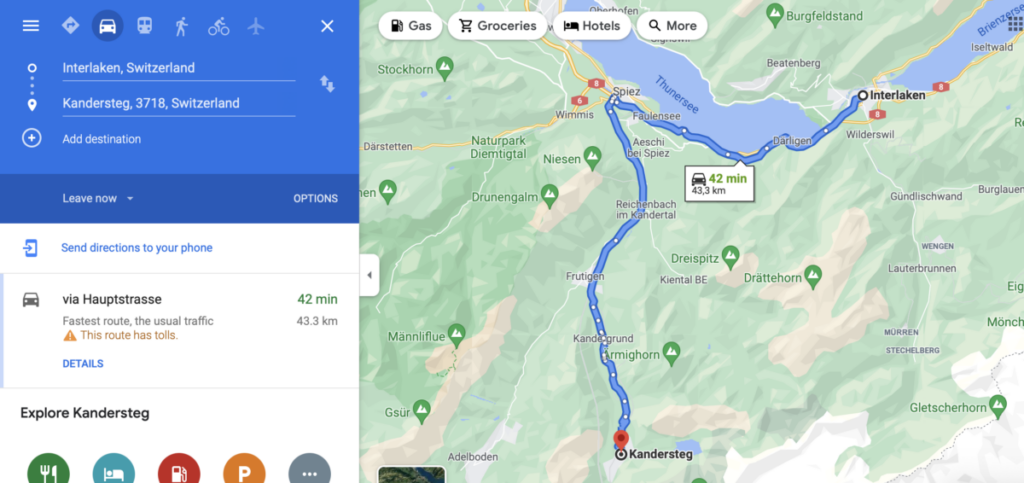 Travel by car from Interlaken to Kandersteg