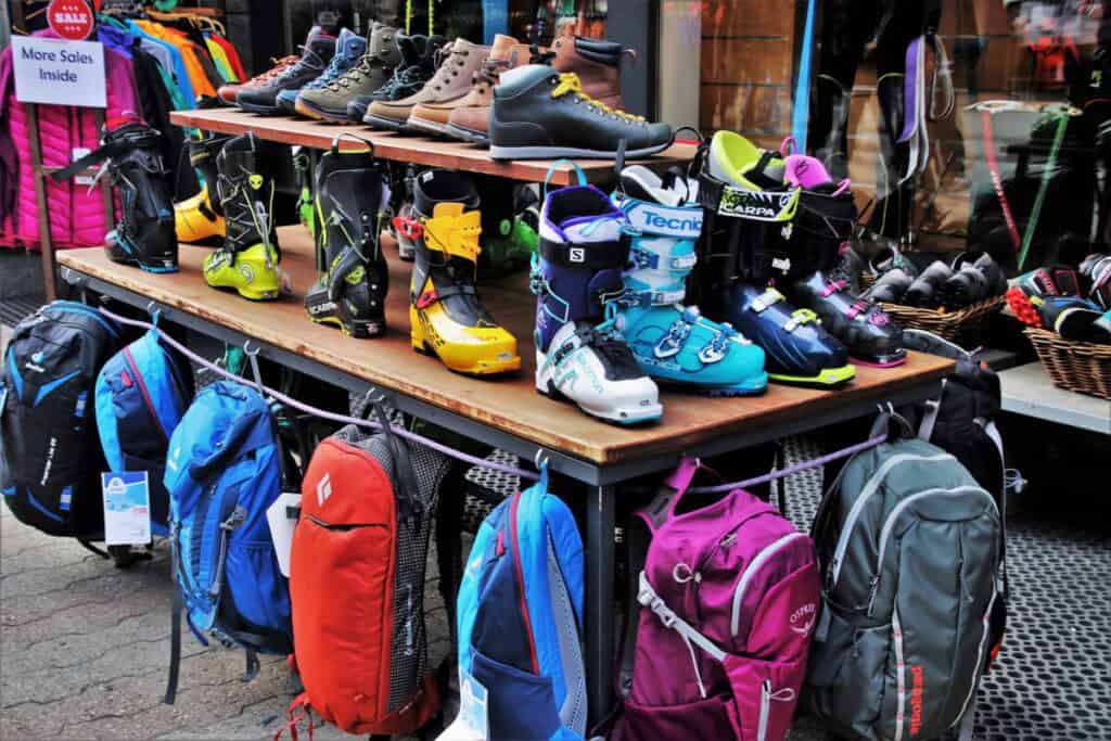 ski shoes and backpacks